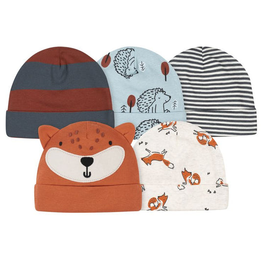 5-Pack Baby Boys Fox & Hedgehog Caps