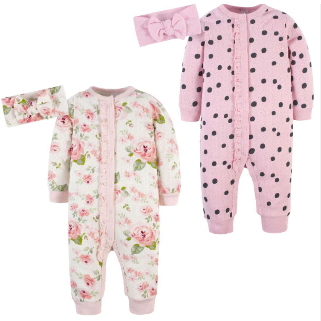 4-Piece Baby Girls Dots & Roses Coveralls & Headbands Set