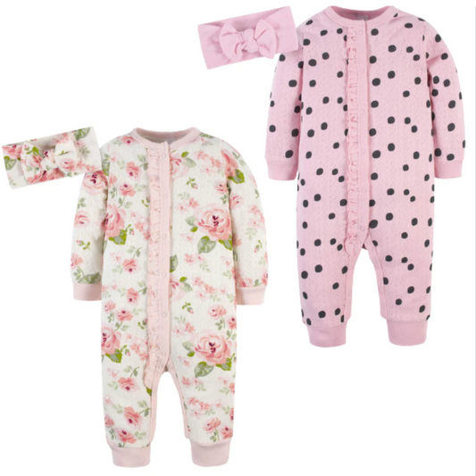 4-Piece Baby Girls Dots & Roses Coveralls & Headbands Set
