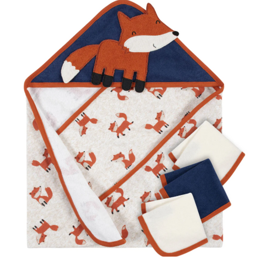4-Piece Boys Fox Hooded Towel & Washcloth Set