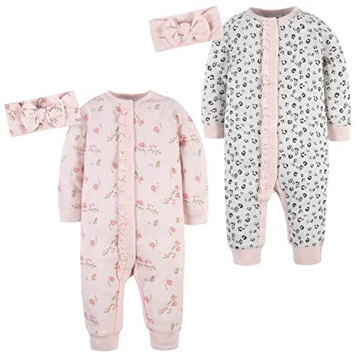 4-Piece Baby Girls Leopard & Floral Coveralls & Headbands Set